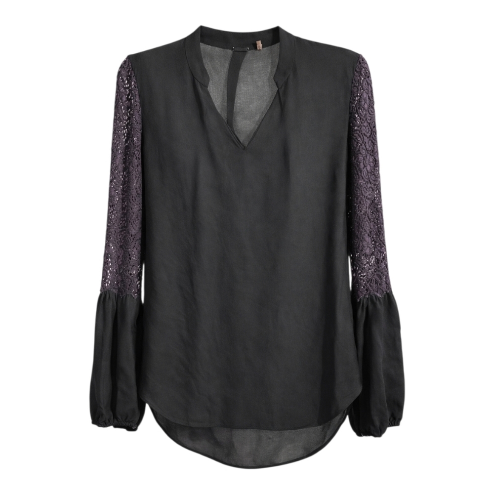Elie Tahari Silk Black Blouse with Purple Lace Sleeves - Size XS